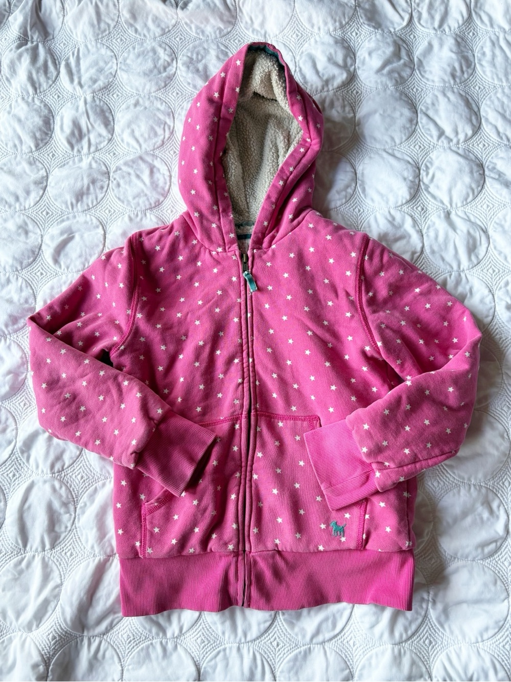 Mini Boden Pink Fleece Lined Hooded Zip Up Sweatshirt Stars 11-12y